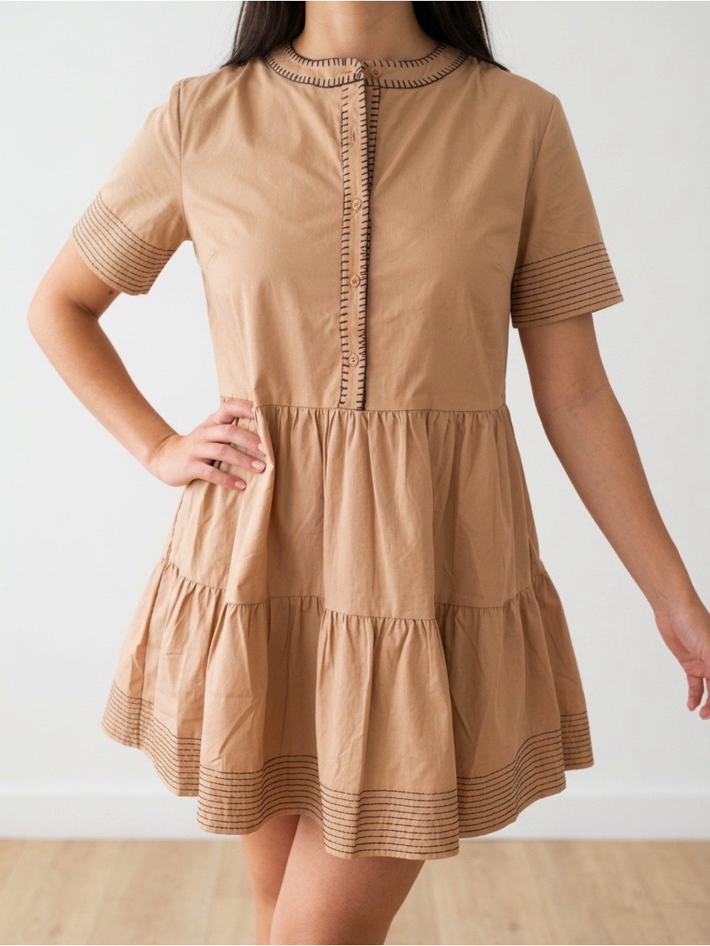 Strut & Bolt Small Mocha Whimsy Short-Sleeve Tiered Mini Dress NWT